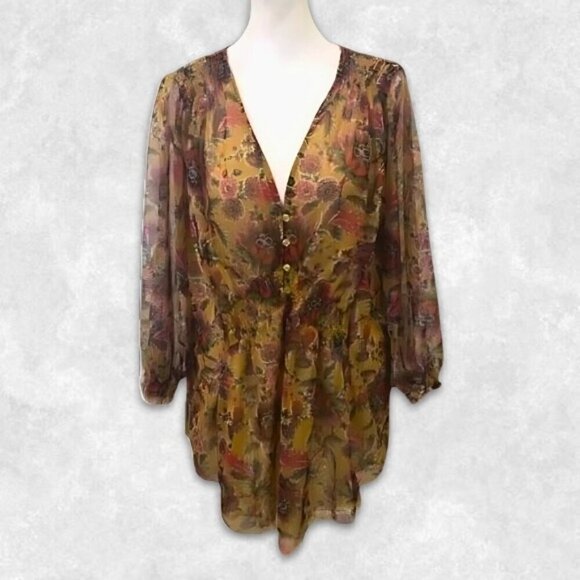 Anthropologie Gretchen Top Semi-Sheer Smocked Tunic 3/4 Sleeve Floral Boho Large - Picture 2 of 14